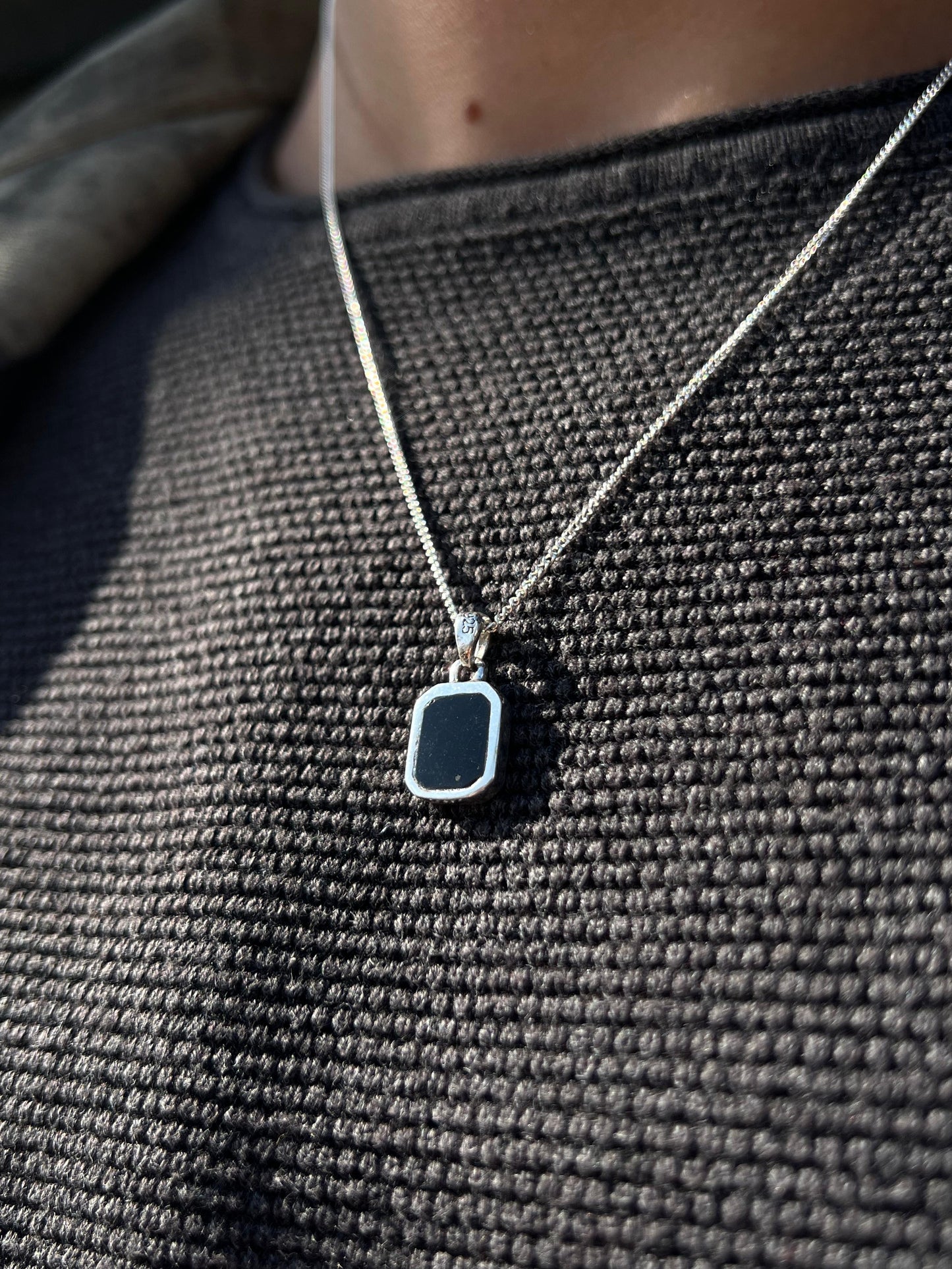 Small Black Stone(Onyx) Necklace for Men's Sterling Silver 925s