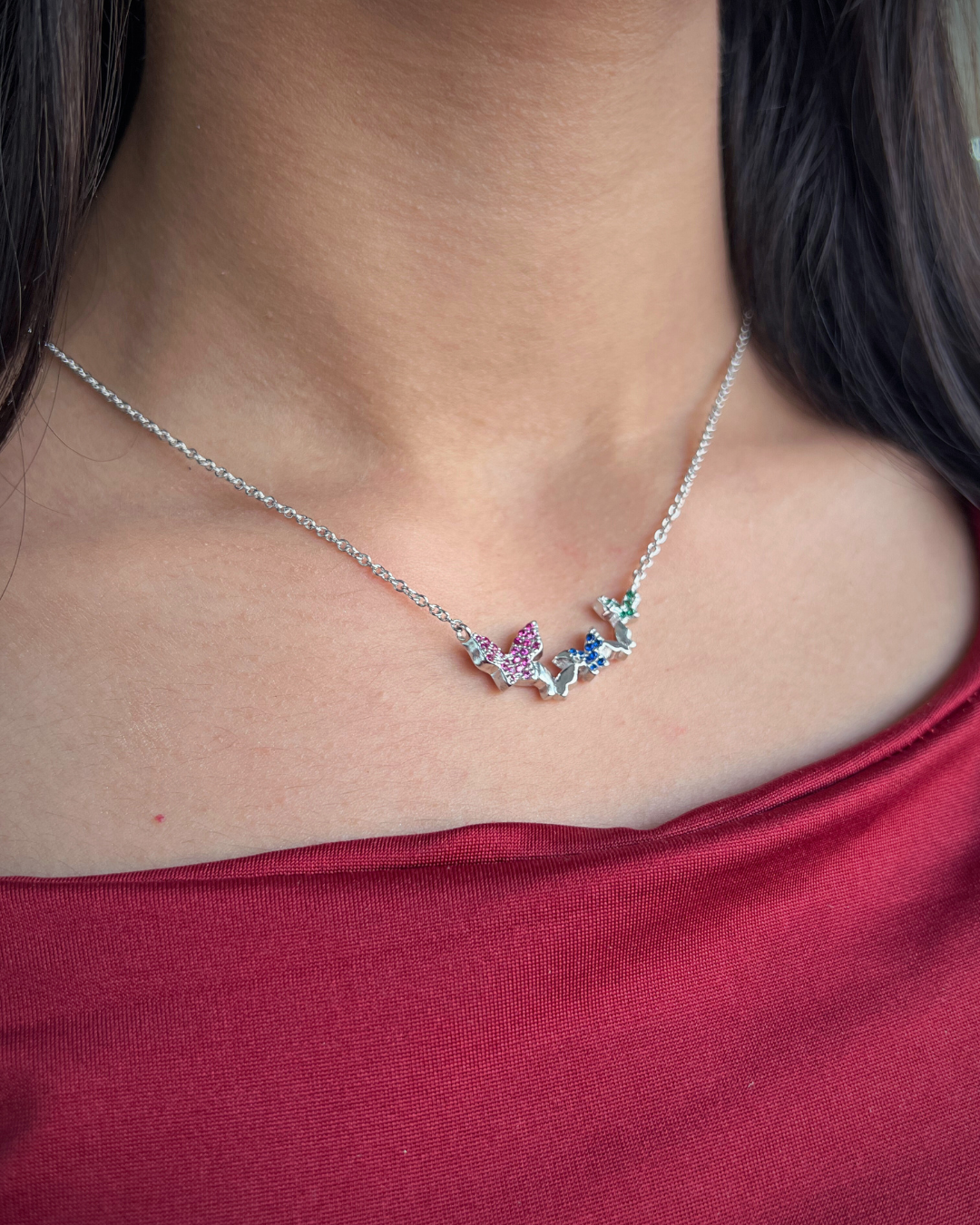 Colored butterflies Necklace In Sterling Silver 925
