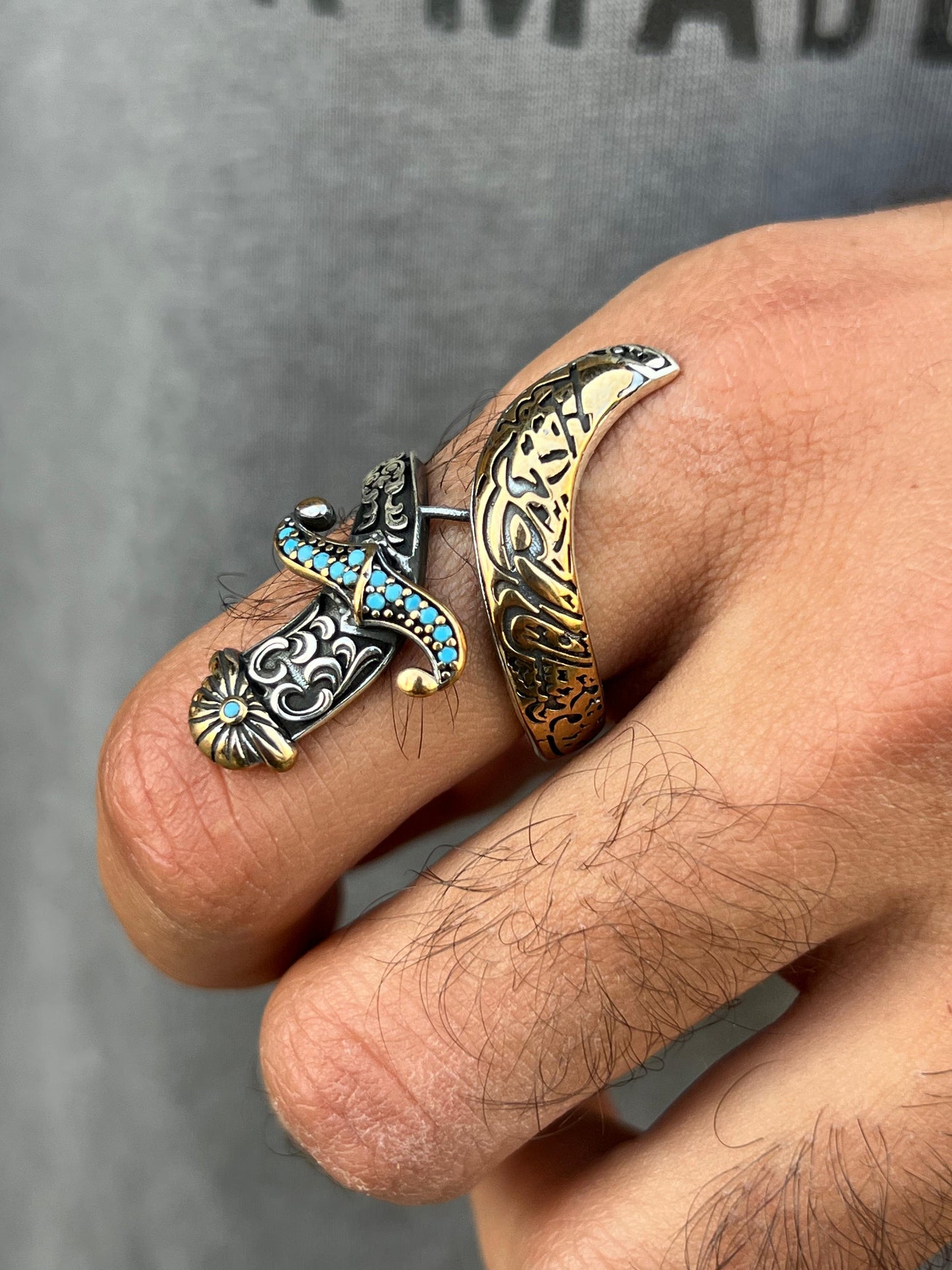 Gold accent Zulfiqar sword Ring -for Men's Sterling Silver 925s