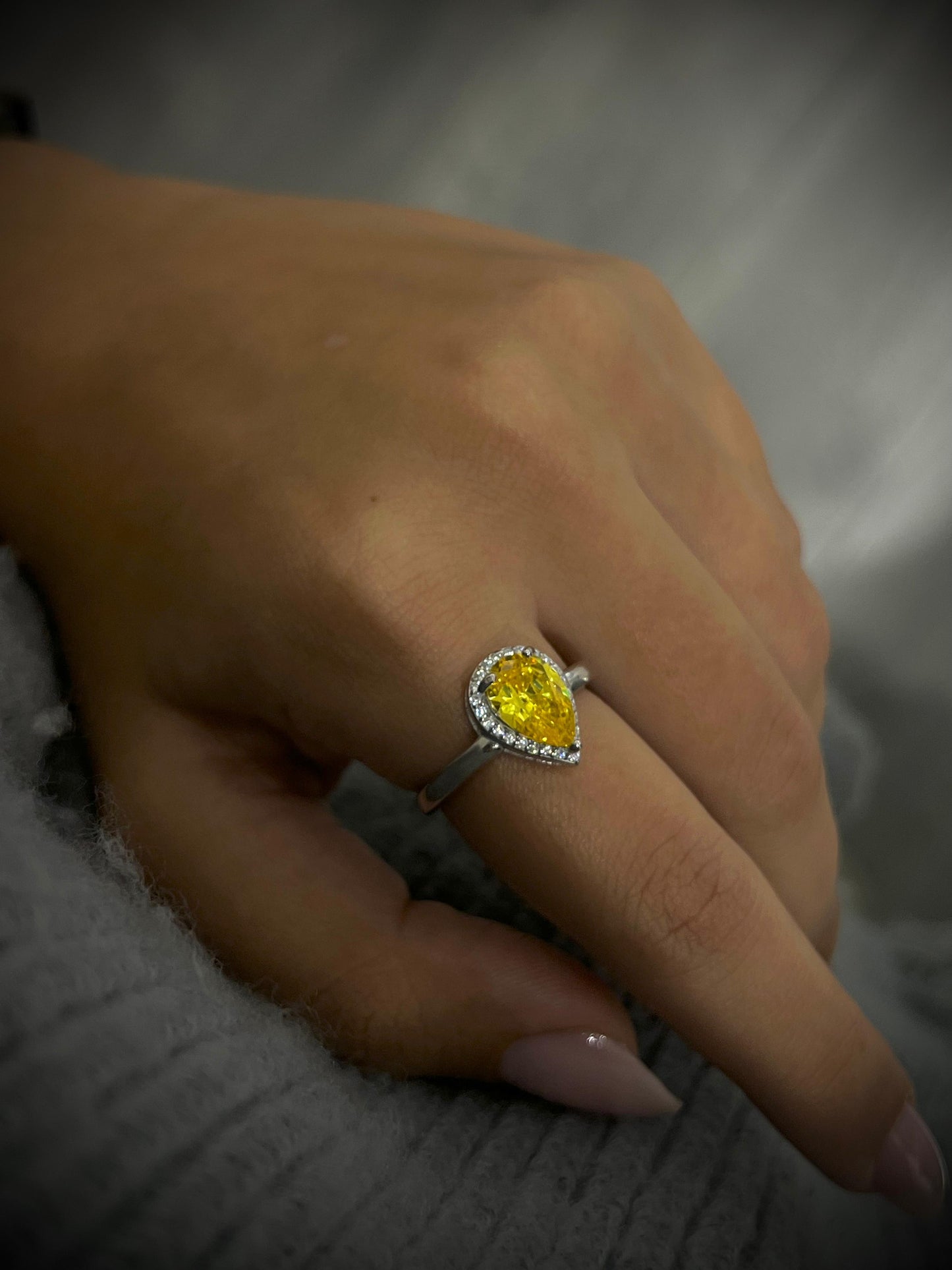 Teardrop Ring -Yellow Zirconia in Sterling Silver -925
