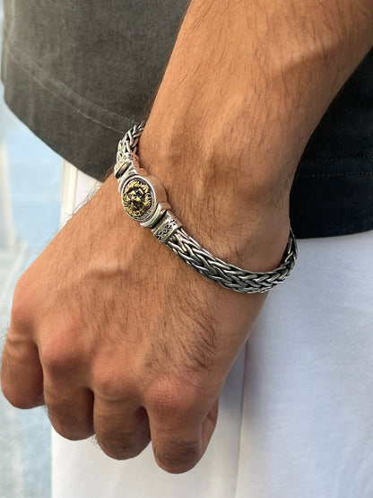 Lion lock thick bradided Bracelet for Men's Sterling Silver 925s-20cm