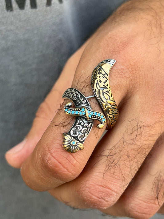 Gold accent Zulfiqar sword Ring -for Men's Sterling Silver 925s