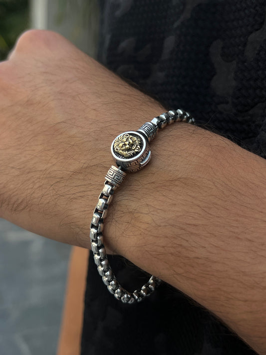 Beast lion gold Accent -box Bracelet S925 Sterling Silver for men