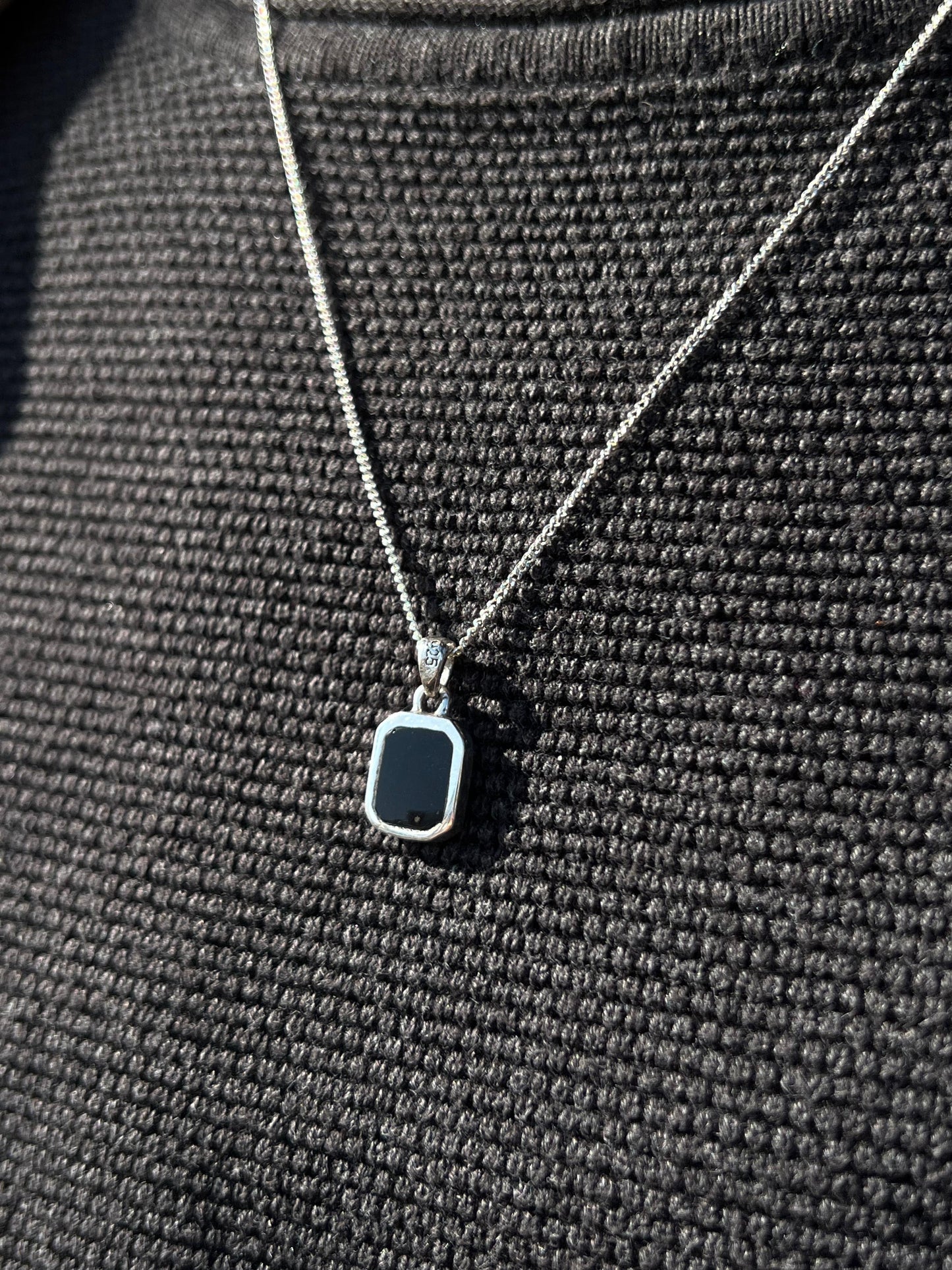 Small Black Stone(Onyx) Necklace for Men's Sterling Silver 925s