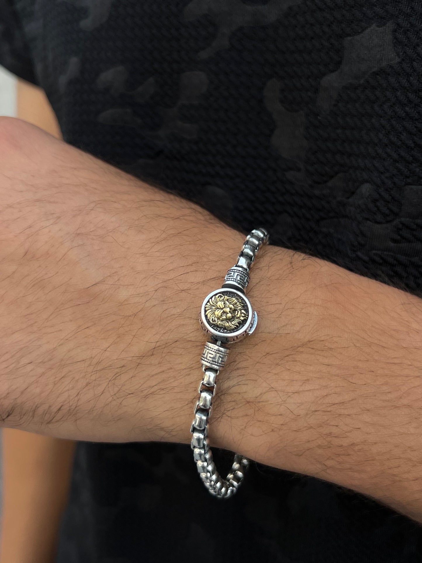 Beast lion gold Accent -box Bracelet S925 Sterling Silver for men