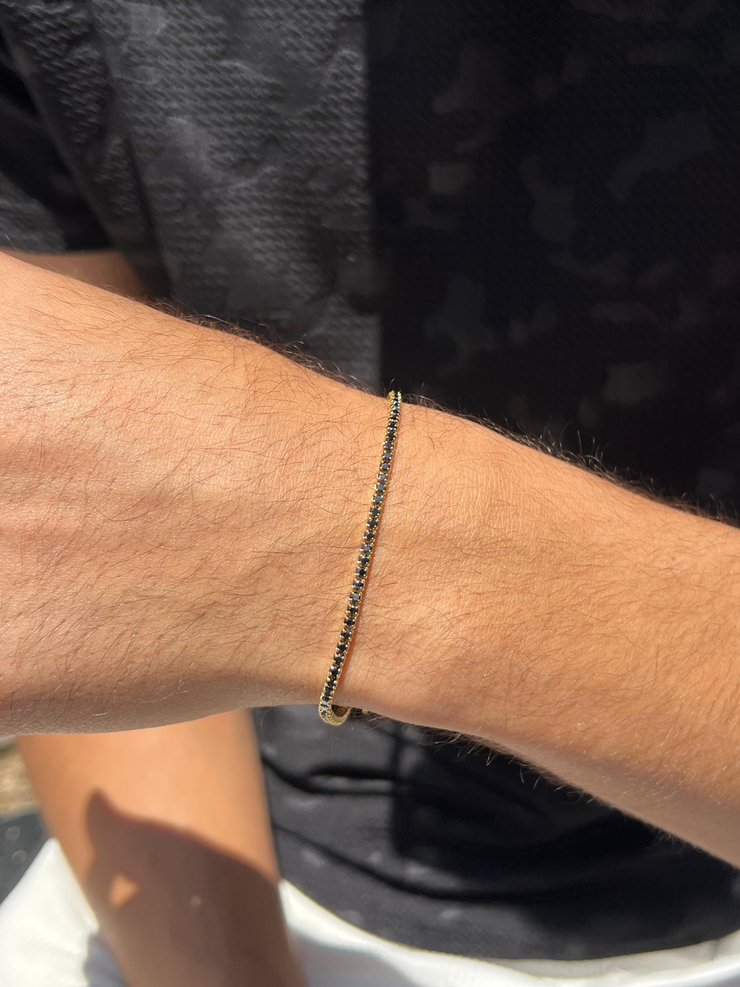 Slim Gold plated Black Spinel Tennis Bracelet for Men's Sterling Silver 925s