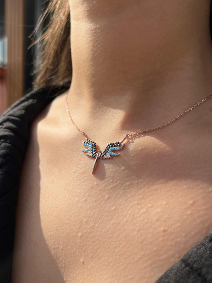 Rose Gold Plated- Blue Guardian Angel Necklace- Italian sterling Silver-925s