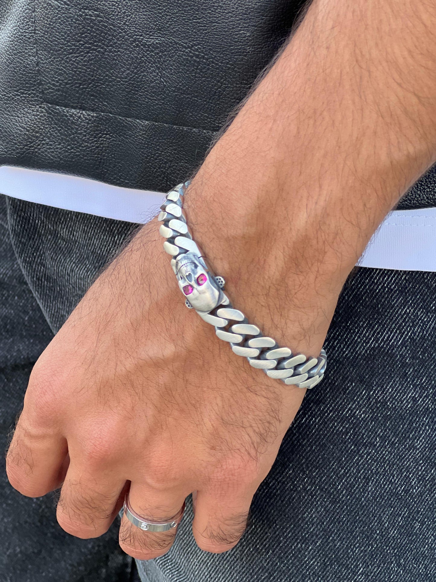 Skull Grommet Bracelet for Men's Sterling Silver 925s-(21cm-12mm)