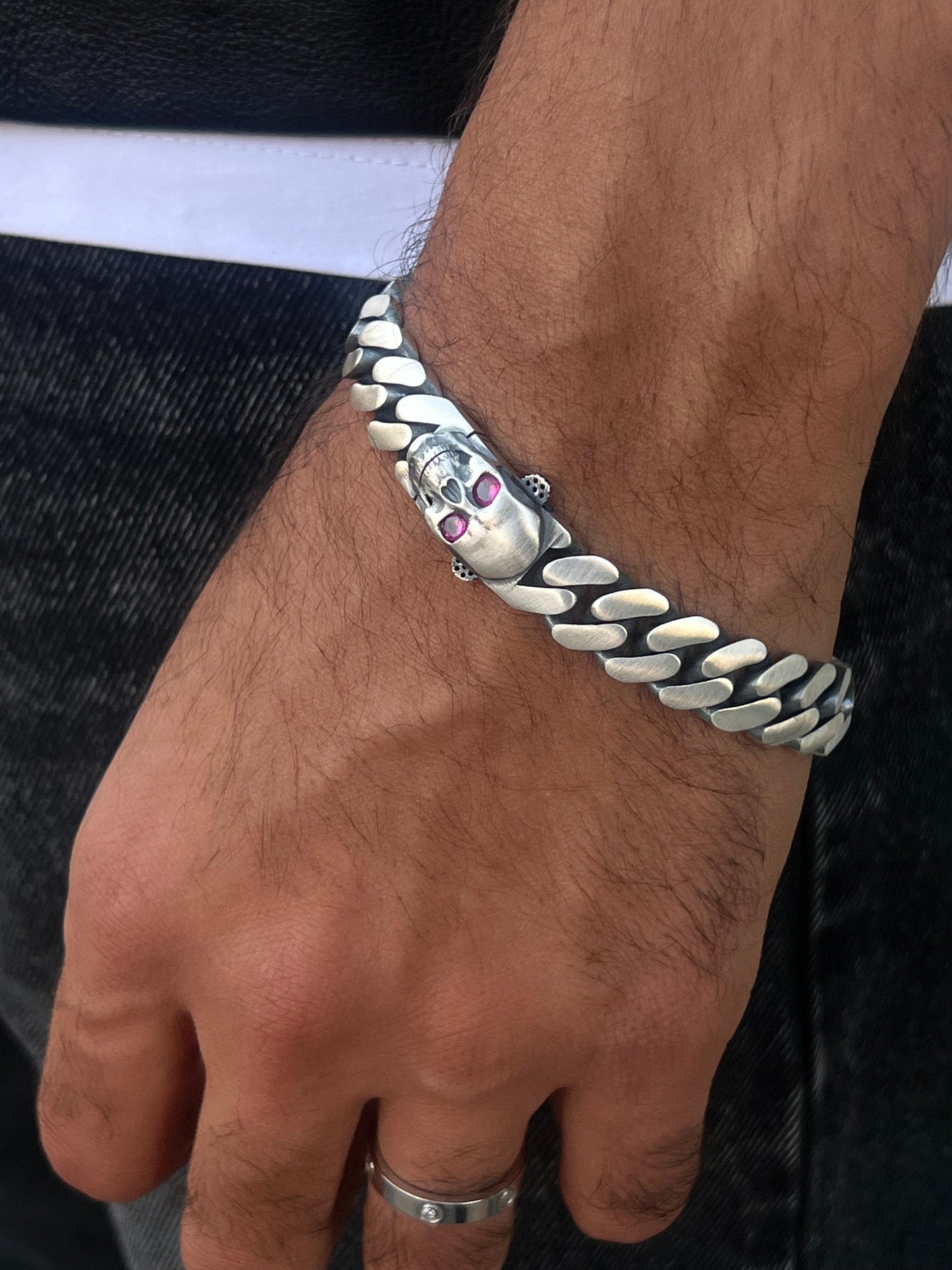 Skull Grommet Bracelet for Men's Sterling Silver 925s-(21cm-12mm)