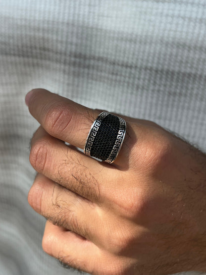 Wide Black Zirconia Versace Ring in Sterling Silver 925s