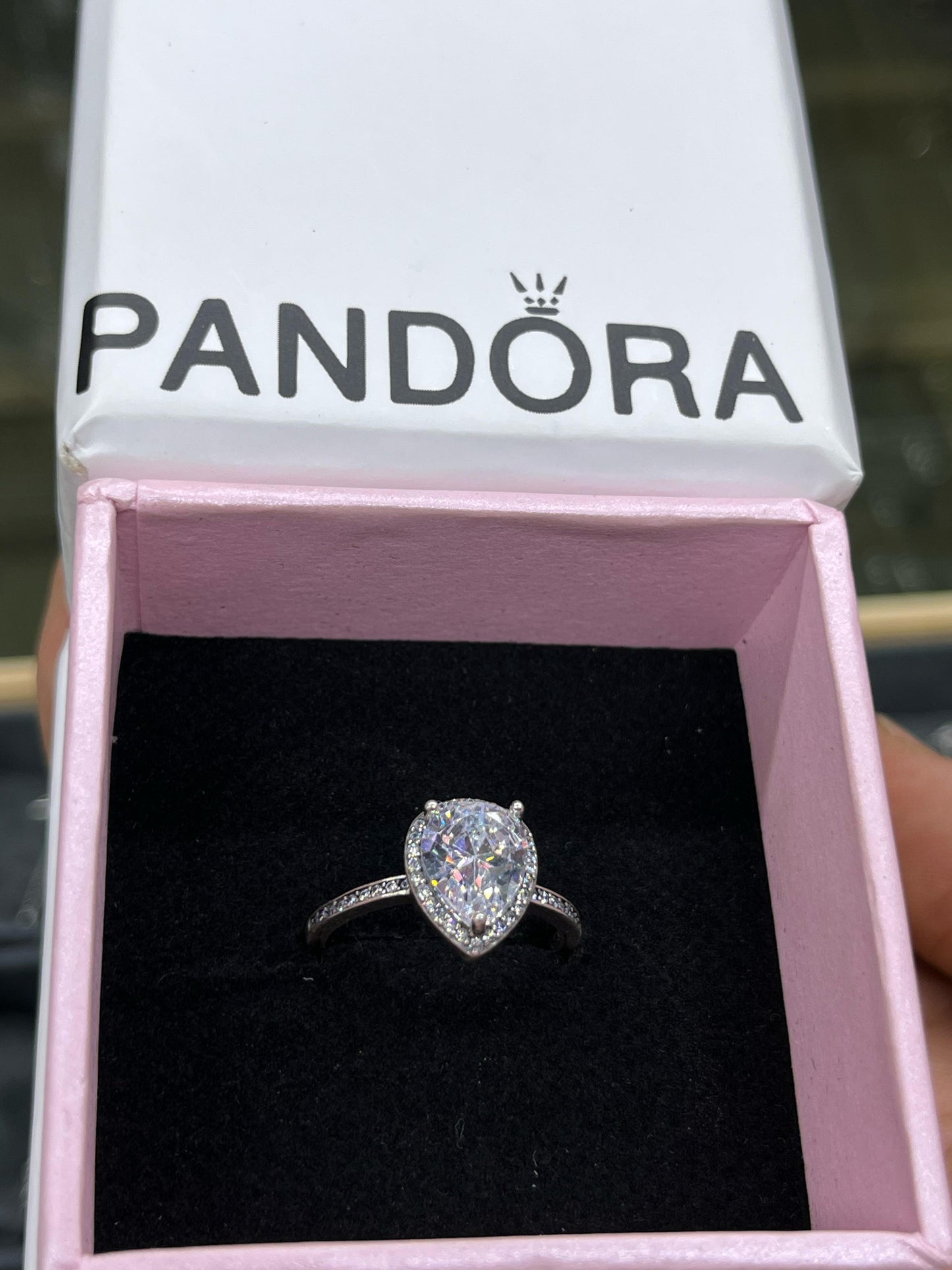 Radiant Teardrop Pear CZ Halo Silver Ring