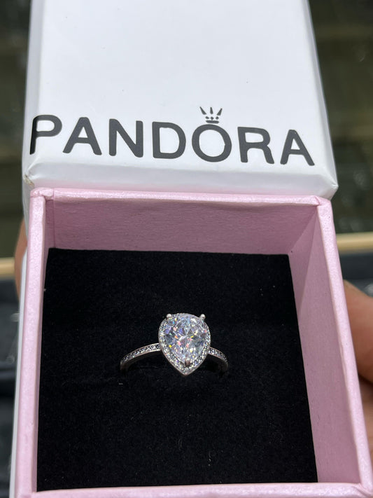 Radiant Teardrop Pear CZ Halo Silver Ring
