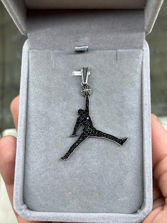 Air Jordan Black Spinel Pendant 925 Sterling Silver Turkish Men's