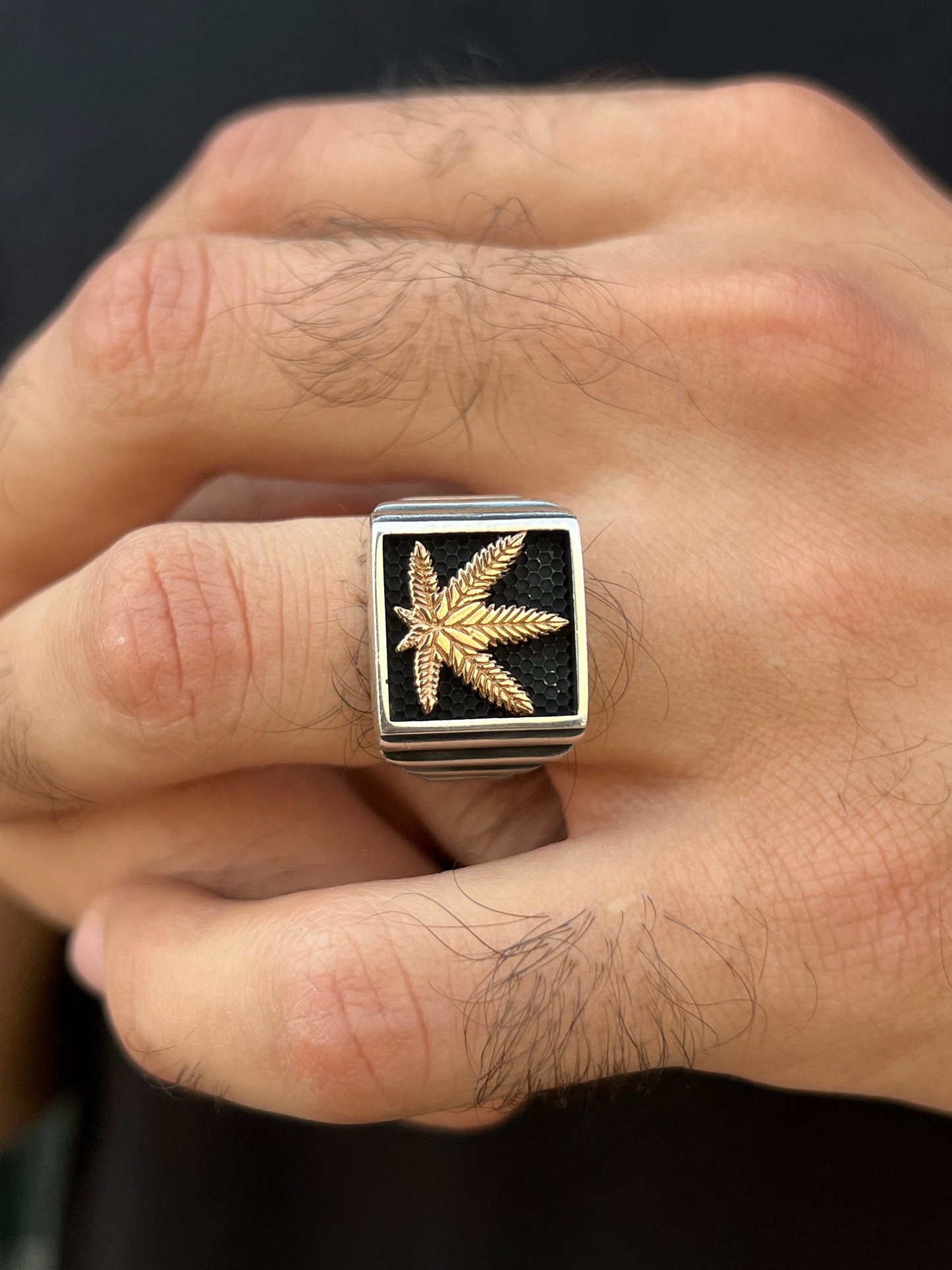 Marijuana Leaf Signet Ring -for Men's Sterling Silver 925s