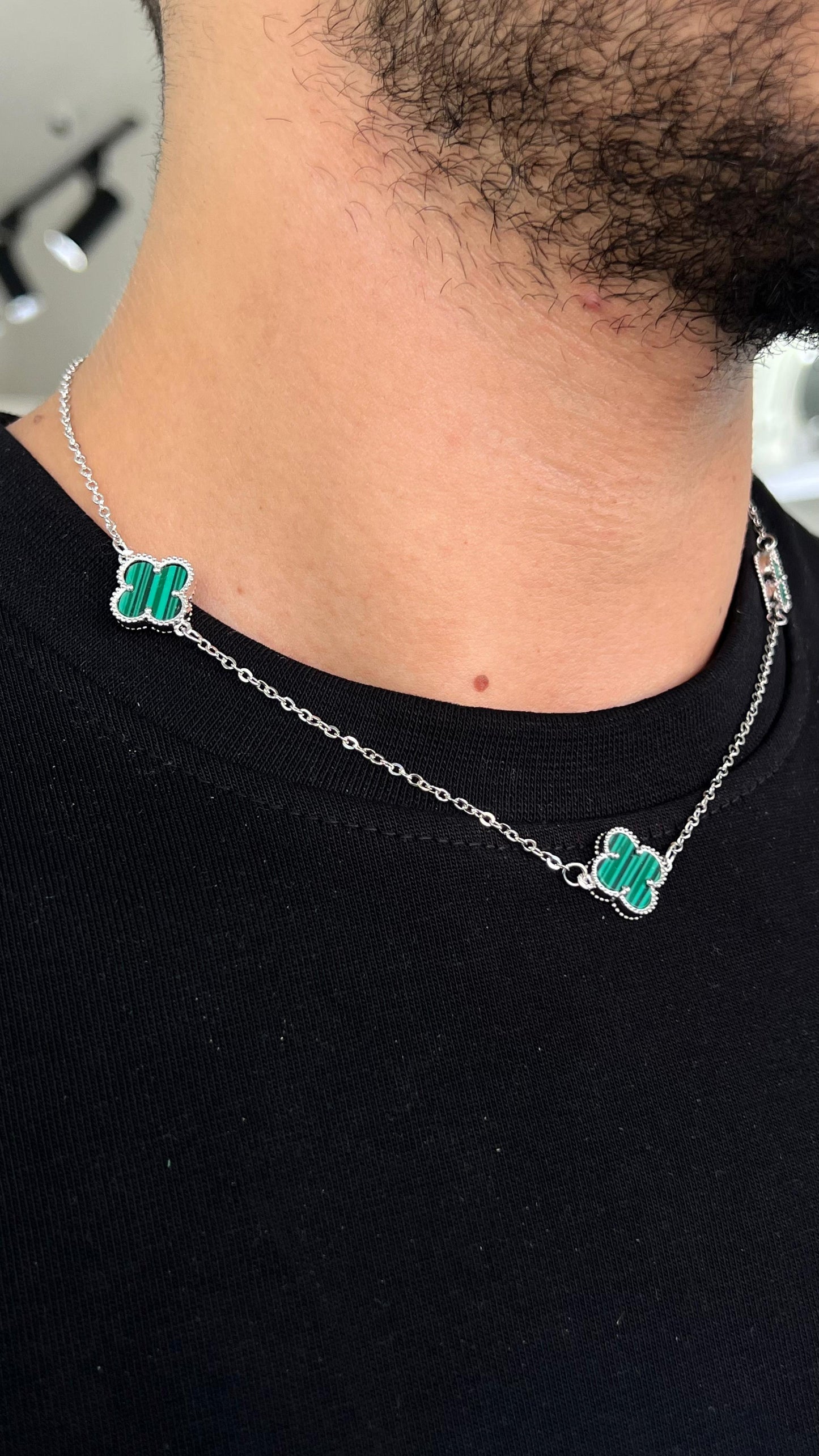 Three Malachite Stone Van Cleef Necklace S925 Sterling Silver for men