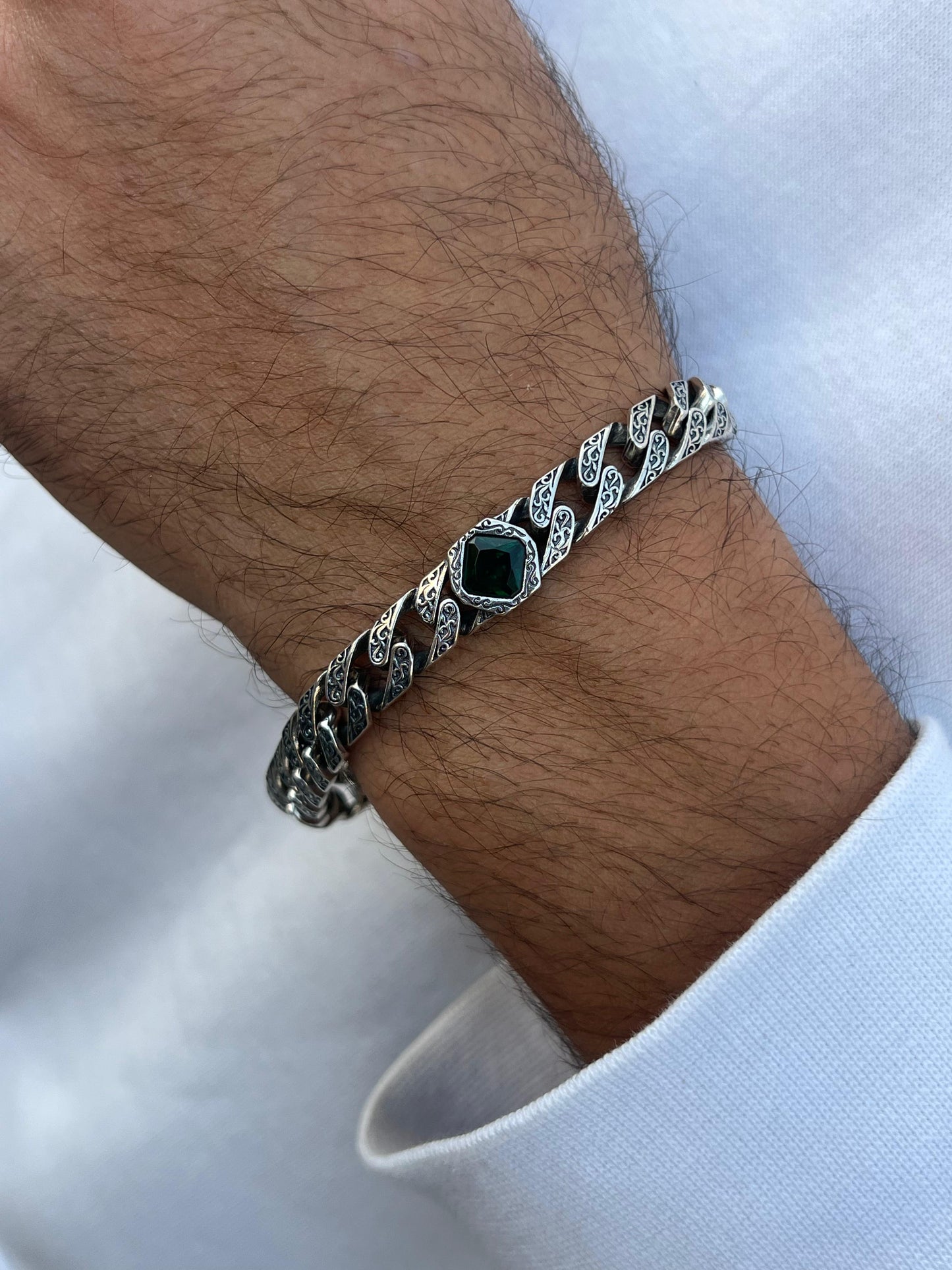 Diamond Emerald Green Stone Bracelet- Sterling Silver 925s-(21cm-9mm)