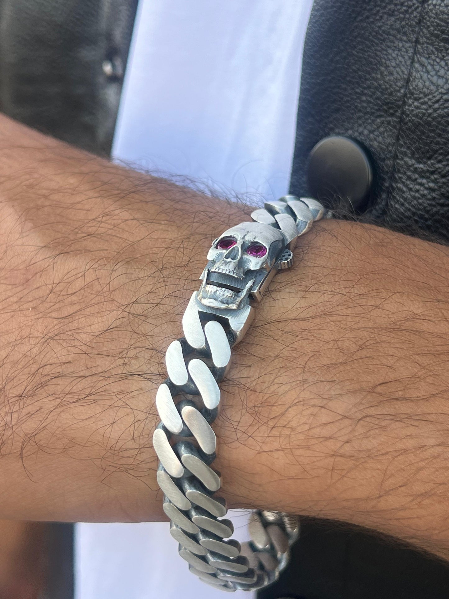 Skull Grommet Bracelet for Men's Sterling Silver 925s-(21cm-12mm)