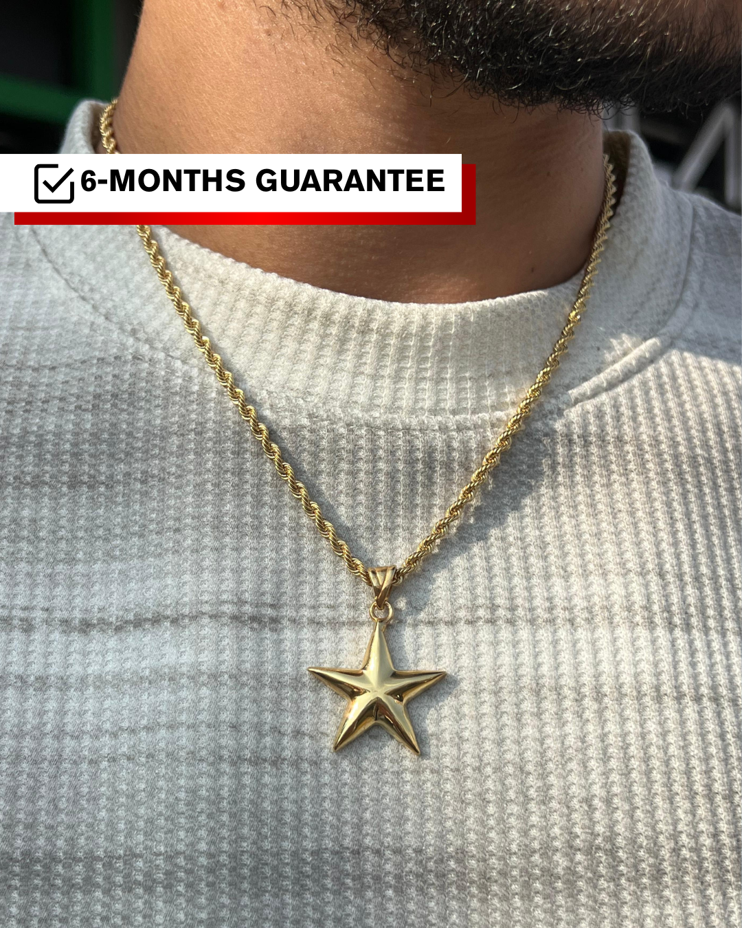 Premium- Star-thick Rope Necklace in Sterling Silver 925s- Real 21K Gold Plated