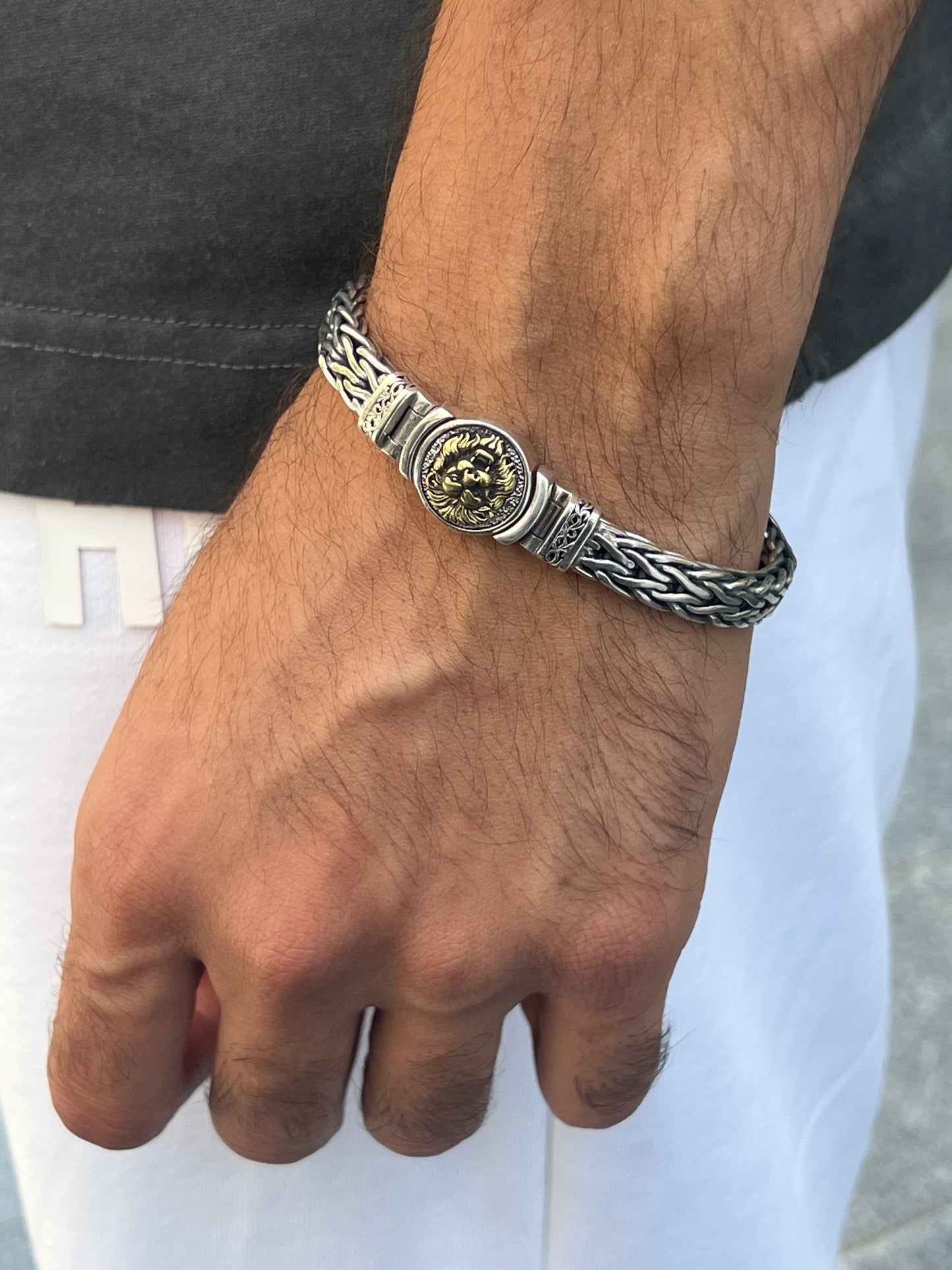 Lion lock thick bradided Bracelet for Men's Sterling Silver 925s-20cm
