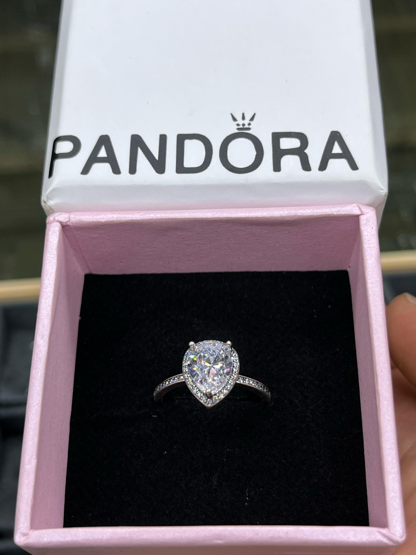 Radiant Teardrop Pear CZ Halo Silver Ring