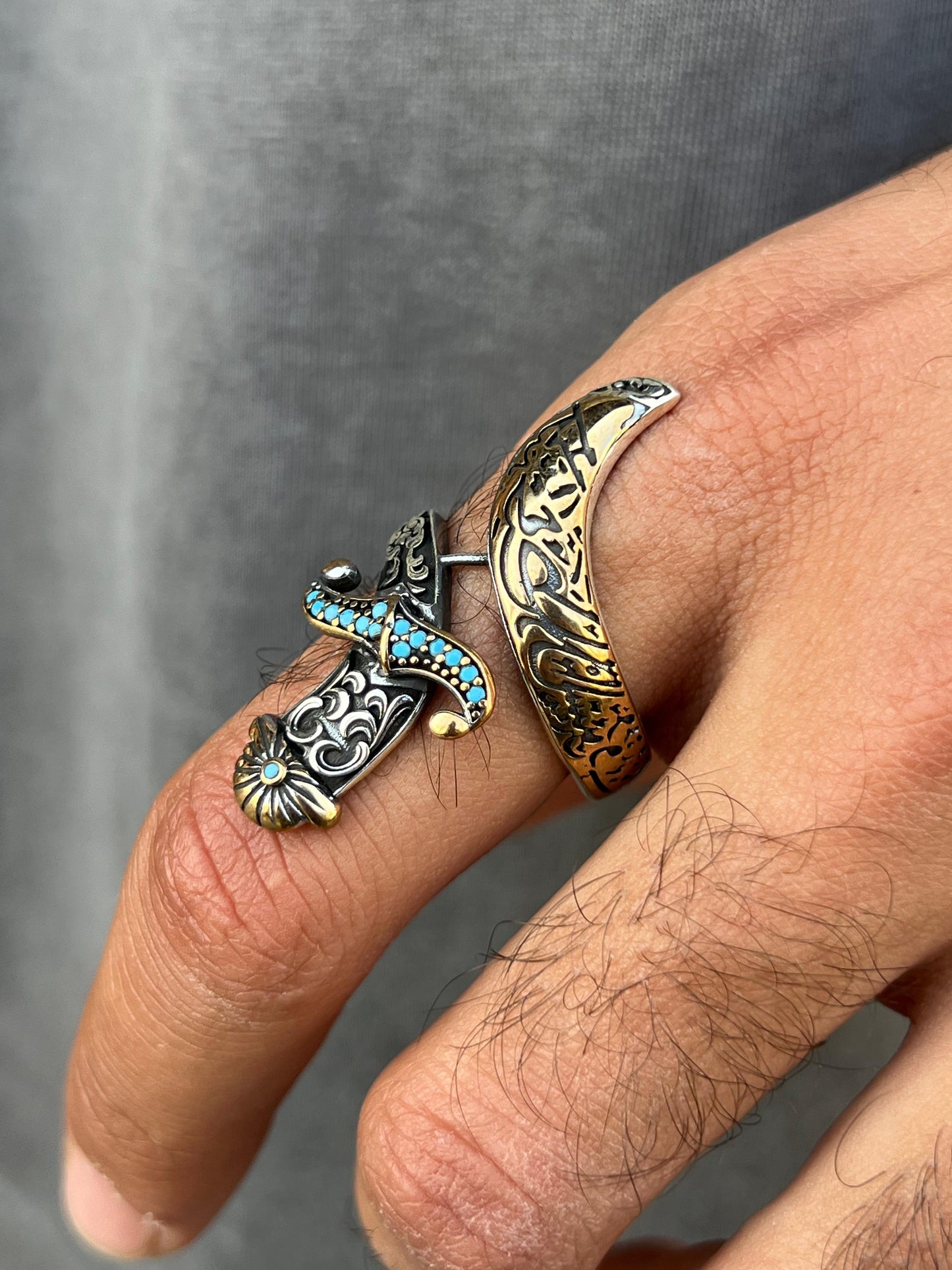 Gold accent Zulfiqar sword Ring -for Men's Sterling Silver 925s