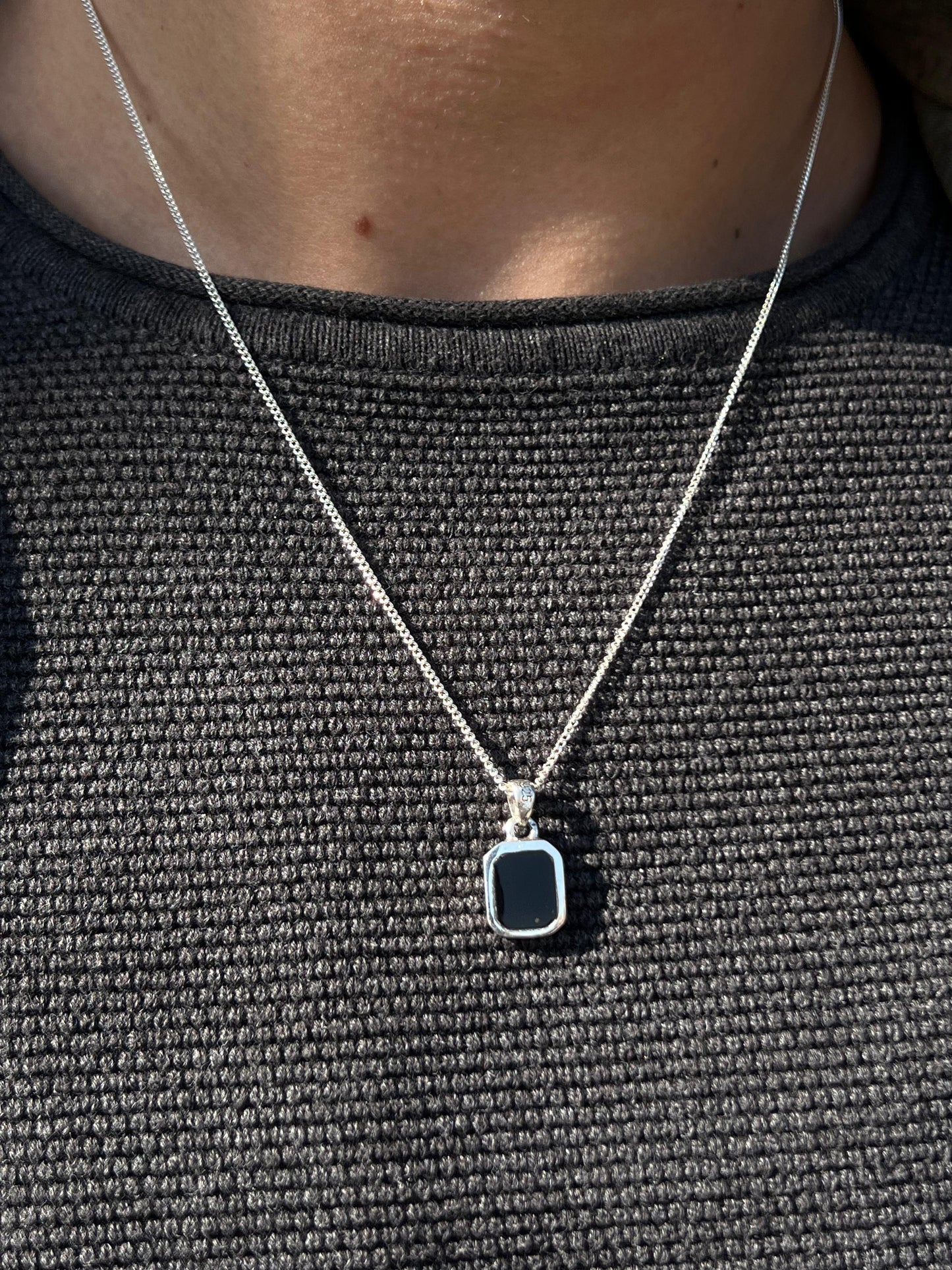 Small Black Stone(Onyx) Necklace for Men's Sterling Silver 925s