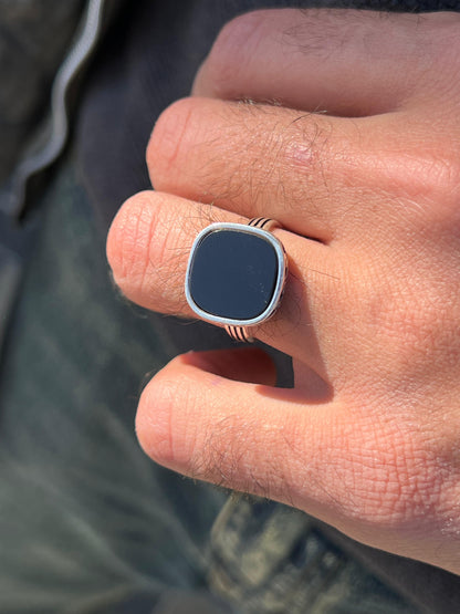 Black onyx Stone Engraved Ring -Sterling Silver 925s