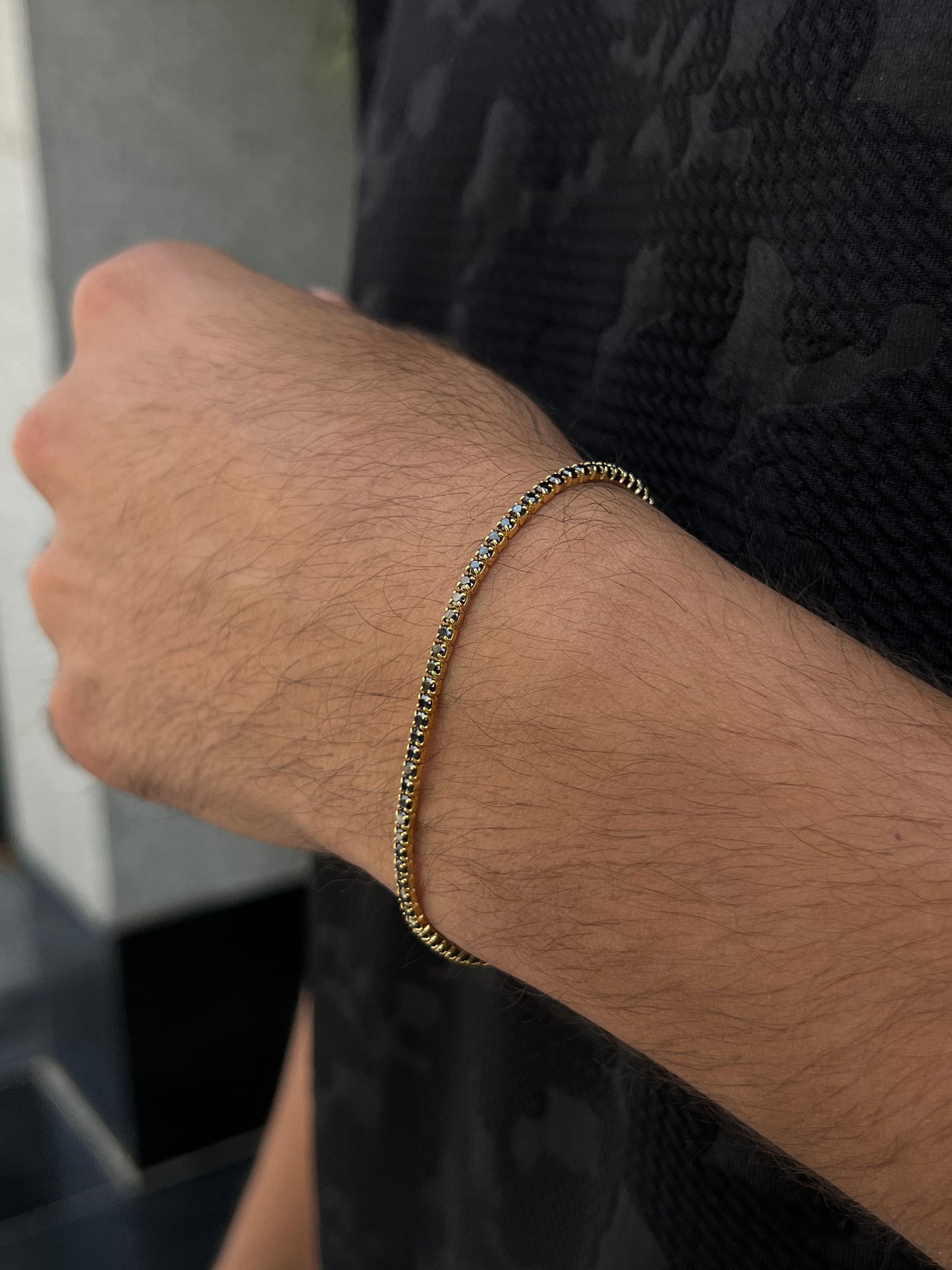 Slim Gold plated Black Spinel Tennis Bracelet for Men's Sterling Silver 925s