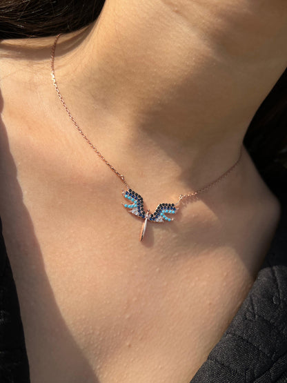 Rose Gold Plated- Blue Guardian Angel Necklace- Italian sterling Silver-925s