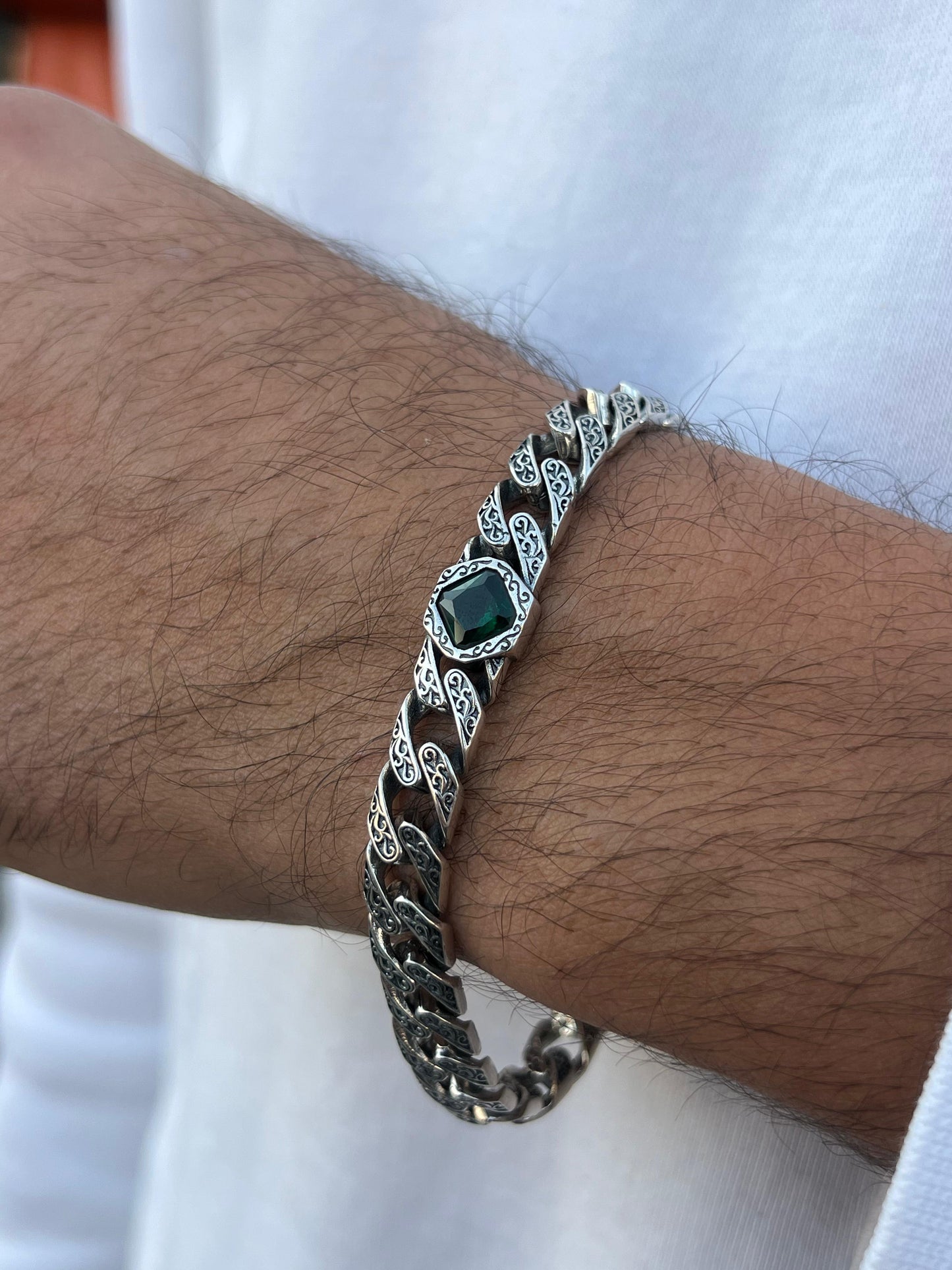 Diamond Emerald Green Stone Bracelet- Sterling Silver 925s-(21cm-9mm)