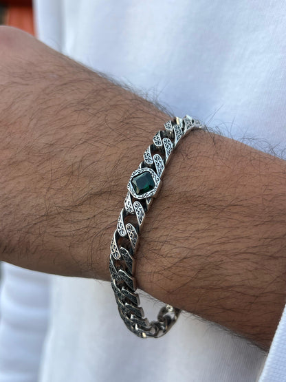 Diamond Emerald Green Stone Bracelet- Sterling Silver 925s-(21cm-9mm)