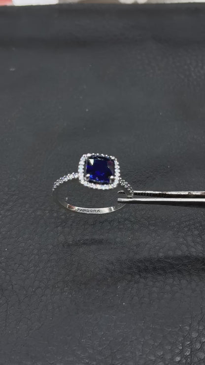 blue Square Sparkle Halo Ring